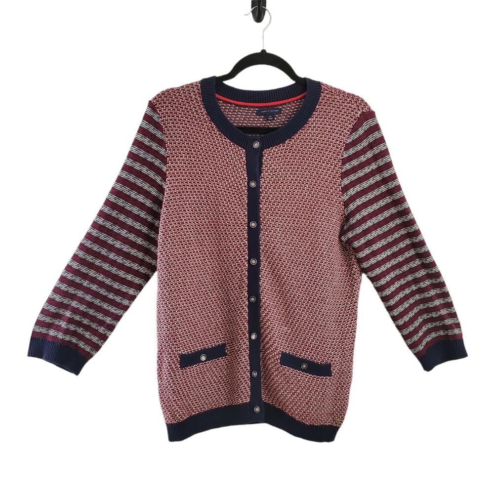 Tommy Hilfiger L 100% Cotton Knit Cardigan Sweater Nautical Stripe Red Navy Gold